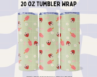 Strawberry Coquette Tumbler Wrap: Hand-Drawn Spring Design (20oz Skinny Tumbler PNG, Digital Download)