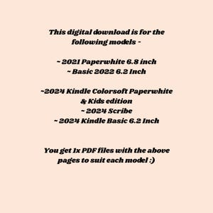 May include: A digital download graphic on a peach background lists compatible Kindle models: 2021 Paperwhite 6.8 inch, Basic 2022 6.2 Inch, 2024 Kindle Colorsoft Paperwhite & Kids edition, 2024 Scribe, and 2024 Kindle Basic 6.2 Inch.