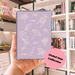 Coastal Kindle Insert, digital download, kindle cover, kindle accessories, hand drawn, bookish gift, Seashell, Bows, Beach, Seahorse, Lilac
