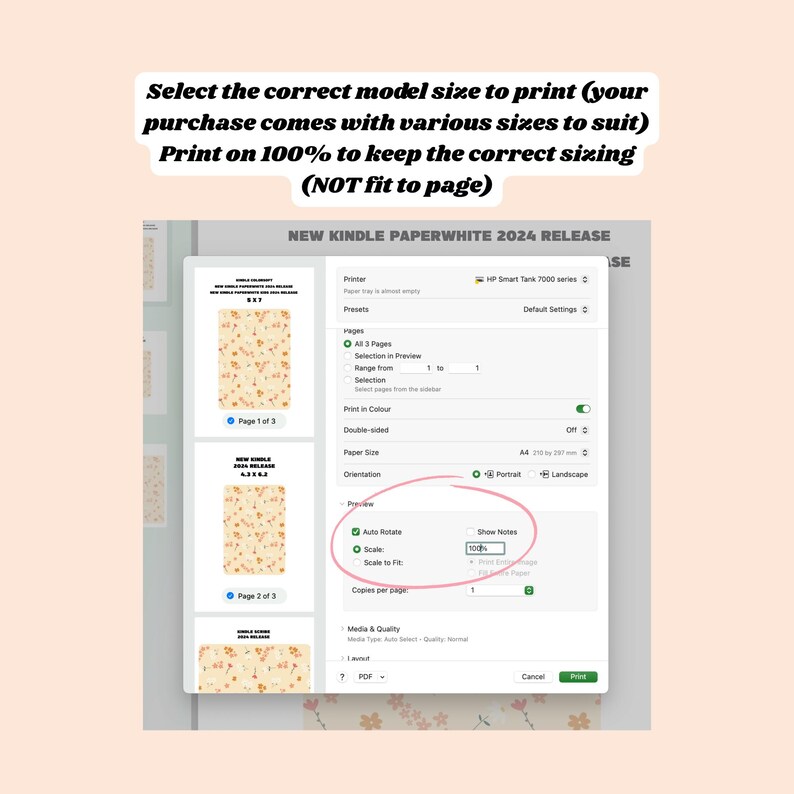 May include: A screenshot of a printer settings window with the text "NEW KINDLE PAPERWHITE 2024 RELEASE". The settings include options for paper size, orientation, and scale. The text "Print on 100%" is visible.