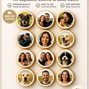 May include: Custom edible images for cupcakes, cookies, and cakes. The image shows several round edible images with photos of people and pets. Text includes "Premium Quality," "Easy to Use," and "Fast Shipping."