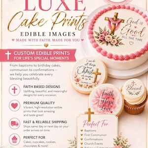 Könnte beinhalten: Werbung für Luxe Cake Prints mit essbaren Bildern. Das Bild zeigt einen Kuchen mit Kreuzdesign, Kekse und Cupcakes. Der Text enthält "Made with Faith, Made for You" und "Custom Edible Prints".