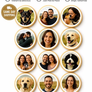 May include: Custom edible images for cupcakes, cookies, and cakes. The image features various circular edible images with photos of people and pets. Text includes "Premium Quality," "Easy to Use," and "37+ Sizes Available!"