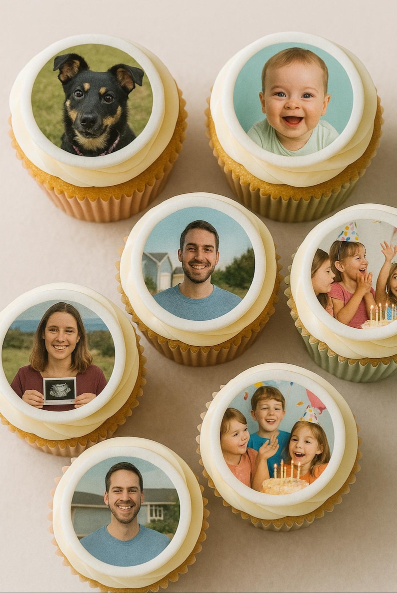 May include: Cupcakes with edible images. One cupcake features a dog, others show a baby, a man, a woman holding an ultrasound image, and children at a birthday party. The cupcakes have yellow cake, white frosting, and decorative edges.