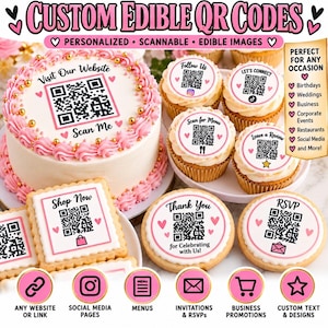 May include: A round cake and several cupcakes and cookies decorated with edible QR codes. The cake features pink frosting and gold sprinkles. Each item displays a scannable QR code with text like Visit Our Website, Follow Us, and Shop Now.