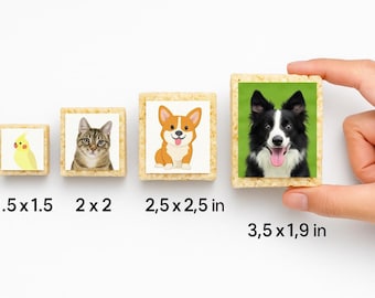 Pode incluir: Uma série de retratos quadrados de animais de estimação com um periquito amarelo, um gato tigrado, um corgi e um Border Collie preto e branco. O retrato do Border Collie é segurado por uma mão. Os tamanhos variam de 3,8 cm x 3,8 cm a 8,9 cm x 4,8 cm.