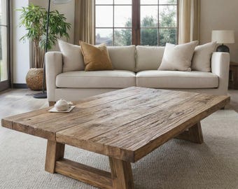 Rustic Wooden Coffee Table – Solid Handmade Farmhouse Decor, Round or Rectangular Living Room Accent