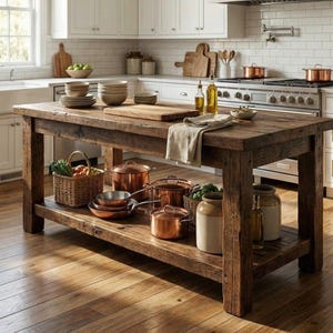 May include: A rustic wooden kitchen island with a lower shelf, holding copper pots and pans. A woven basket of vegetables and ceramic jars are also on the shelf. The island's top holds bowls, plates, and a cutting board. The kitchen has white cabinets and a stainless steel stove.