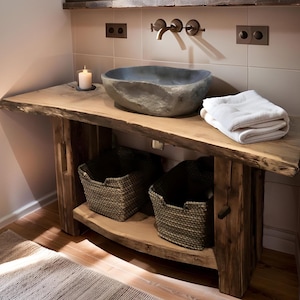 Rustic Wooden Bathroom Vanity – Handmade Live Edge Farmhouse Sink Shelf, Solid Wood Cabinet Furniture
