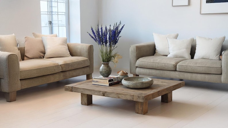 May include: A living room scene featuring two beige sofas with cream-colored pillows. A square, rustic wooden coffee table holds books, a decorative bowl, and a vase of purple flowers. The room has white walls and light-colored flooring.