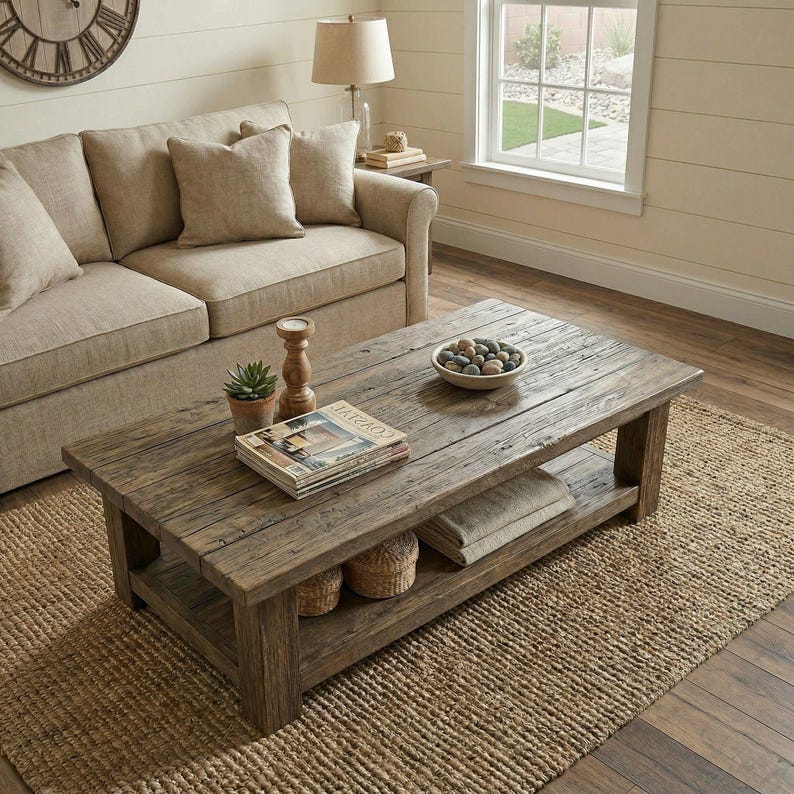 Rustic Wooden Coffee Table – Solid Handmade Farmhouse Decor, Round or ...