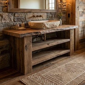 May include: A rustic bathroom vanity with a stone sink and wooden countertop. The vanity has two open shelves and is made of reclaimed wood. A stone wall and wooden mirror frame the sink area. A woven rug is on the floor.