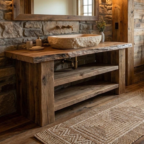 Rustic Style Bathroom Vanity, Solid Wood Handmade Farmhouse, Custom Size Cabinet
