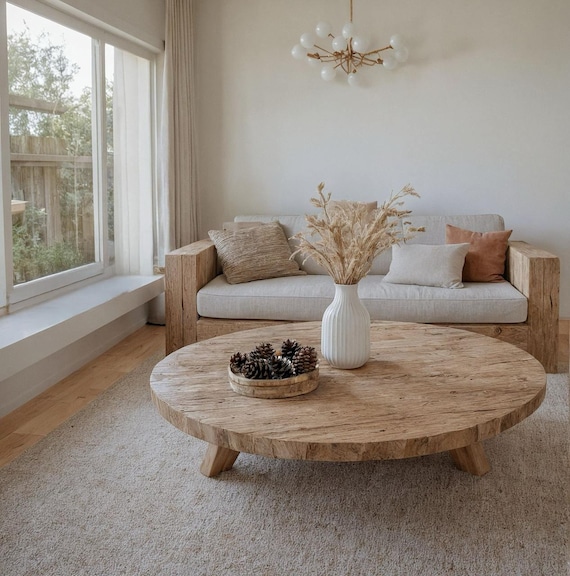 Rustic Wooden Coffee Table – Solid Handmade Farmhouse Decor, Round