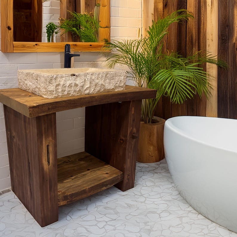 Wooden Rustic Live Edge Bathroom Vanity – Handcrafted Unique Solid Wood ...