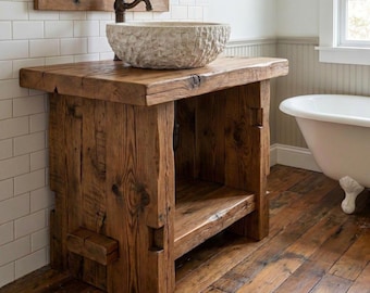 Rustic Wooden Bathroom Vanity – Handmade Live Edge Farmhouse Sink Shelf, Solid Wood Cabinet Furniture