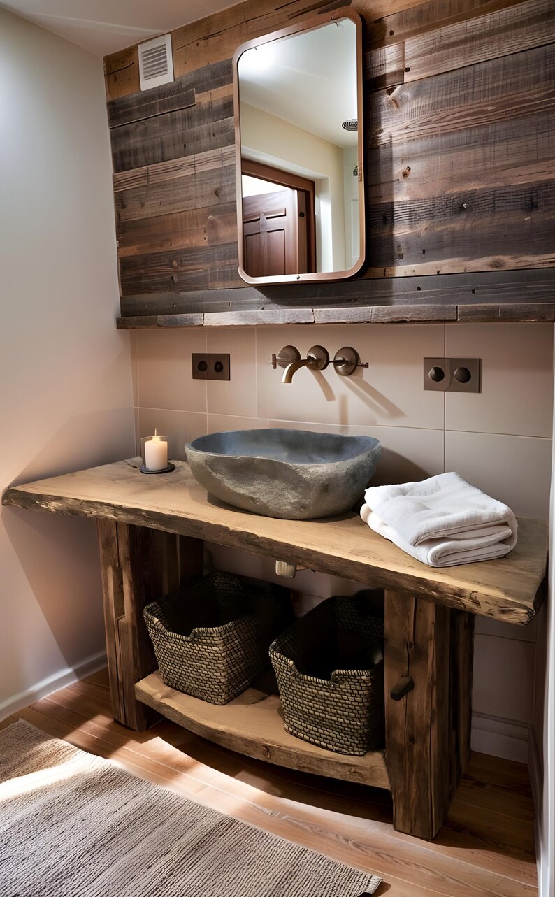 Wooden Rustic Live Edge Bathroom Vanity Farmhouse Decor Reclaimed Old
