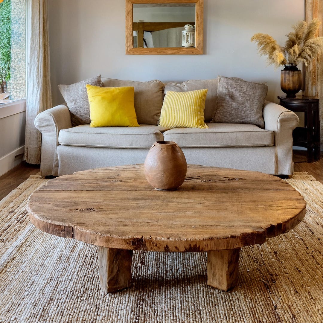 Rustic Wooden Coffee Table – Solid Handmade Farmhouse Decor, Round or ...