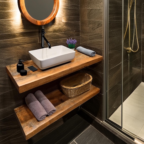 Rustic Wooden Floating Bathroom Vanity – Handmade Live Edge Farmhouse Sink Shelf, Solid Wood Cabinet