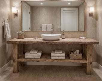 Rustic Wooden Bathroom Vanity – Handmade Live Edge Farmhouse Sink Shelf, Solid Wood Cabinet Furniture