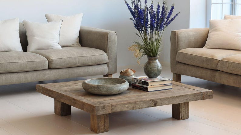 May include: A rustic, square wooden coffee table with a low profile, featuring a natural wood grain finish. The table is surrounded by beige sofas with white pillows, a stone bowl, a vase of flowers, and books.