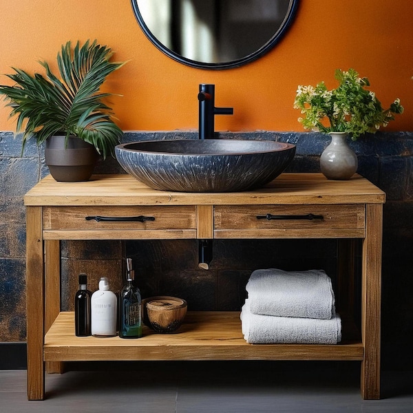 Rustic Wooden Bathroom Vanity – Handmade Live Edge Farmhouse Sink Shelf, Solid Wood Cabinet Furniture