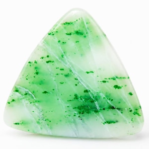 May include: A triangular-shaped polished gemstone featuring a translucent pale green base with vibrant emerald green speckles and fine white veining throughout the surface. The stone has a smooth, rounded edge and a glossy, reflective finish.