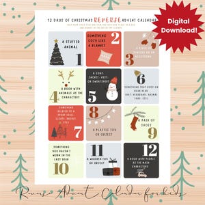 Calendario dell'avvento inverso stampabile, calendario delle donazioni di beneficenza, calendario dell'avvento per bambini, biglietti dell'avvento per bambini, calendario dell'avvento della consapevolezza