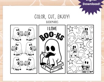 May include: Black and white Halloween-themed bookmarks with ghost illustrations. The bookmarks feature ghosts holding books, reading, and surrounded by stars and moons. Text includes "I LOVE BOO-KS" and "COLOR, CUT, ENJOY!"