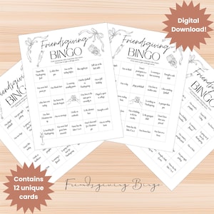May include: A stack of Friendsgiving Bingo cards with a festive design. Each card features a grid of prompts to find matches among friends. The words "Friendsgiving Bingo" are prominently displayed, along with the text "Digital Download!" and "Contains 12 unique cards."
