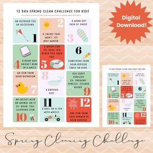 May include: A colorful printable 12-day spring cleaning challenge for kids. The design features numbered squares with illustrations and text prompts for decluttering. Includes a smaller version with a digital download label.