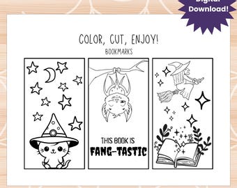 May include: Black and white Halloween coloring bookmarks with a cat in a witch hat, a bat, and a witch on a broom. The text reads "COLOR, CUT, ENJOY!" and "THIS BOOK IS FANG-TASTIC". The words "Digital Download!" are also visible.