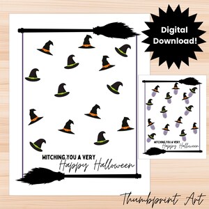 May include: Printable Halloween thumbprint art activity.  The printable features a black broom and witch hats with the text "Witching you a very Happy Halloween".