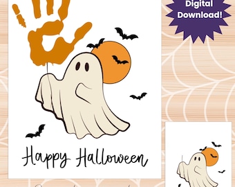 May include: A white Halloween-themed print with a handprint, ghost, bats, and an orange moon. The words "Happy Halloween" are written in a script font. A purple starburst graphic reads "Digital Download!"