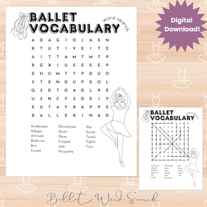 Ballet vocabulary, ballet word search, ballet terminology game download, dance games for kids, dance camp activity, ballet activity sheets