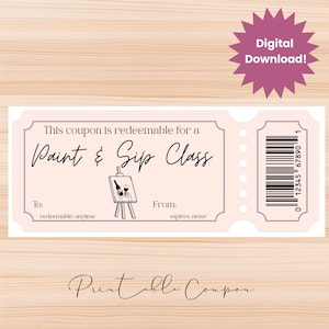 Op de afbeelding: Een lichtroze printbare coupon voor een Paint & Sip Class. De coupon heeft een decoratieve rand en bevat een illustratie van een wijnfles, een wijnglas en een ezel. De tekst "Digitale download!" staat in een paarse ster.
