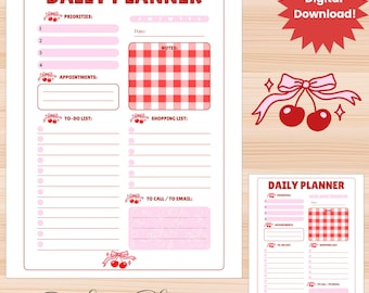 Daily planner printable, daily planner printable pink, daily planner download, daily planner, daily planner cherry,cherry themed to do list