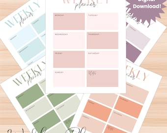 May include: A collection of weekly planner sheets in various pastel colors, including pink, green, and peach. Each planner features a layout with sections for each day of the week and a notes section. The words "Weekly Planner" are displayed on each sheet.
