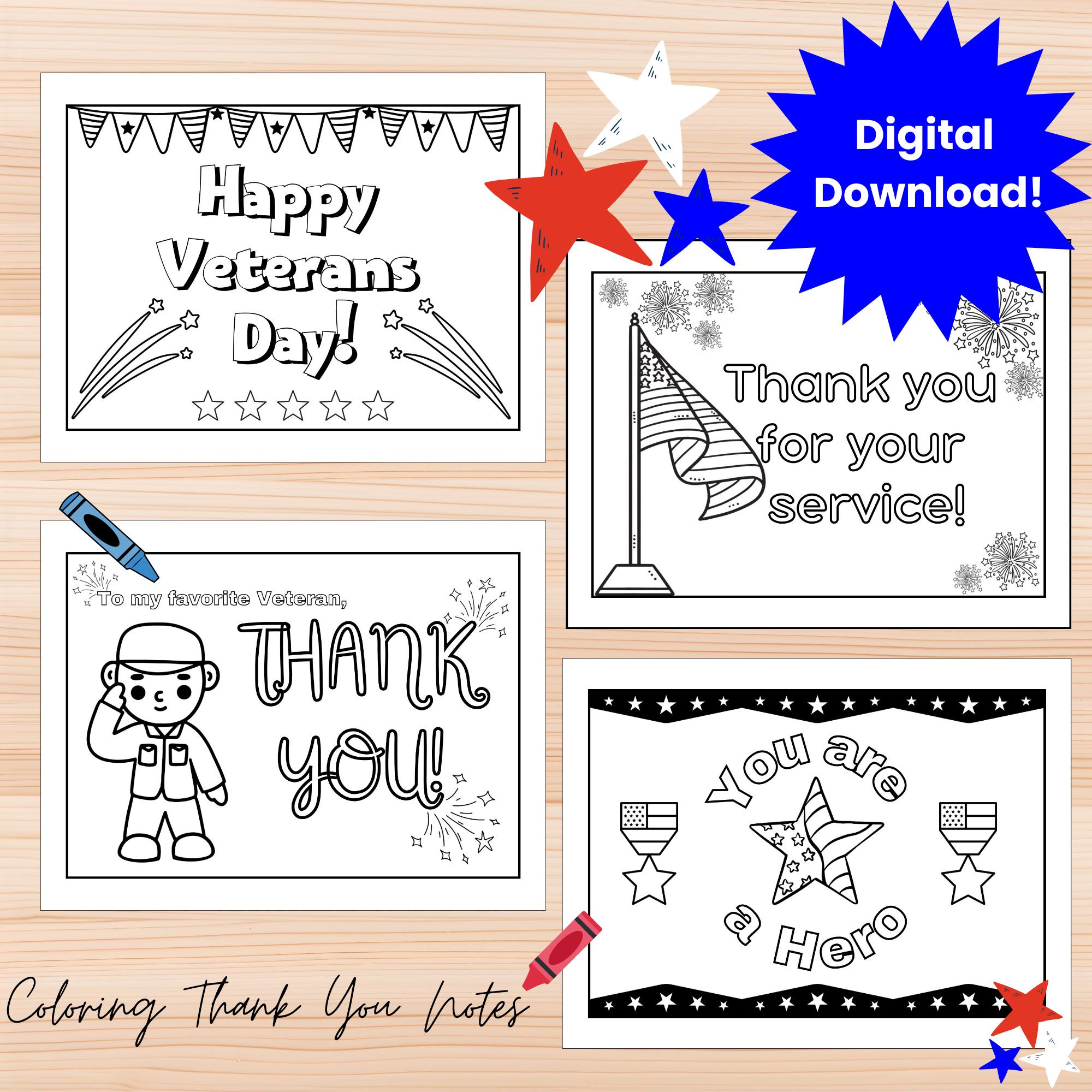 Happy Veterans Day card, Veterans Day thank you card, coloring printable, patriotic Veterans Day coloring pages, kids coloring activity