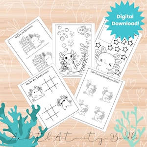 May include: A set of printable axolotl activity sheets for kids. The sheets include a spot the difference game, a tic-tac-toe game, a coloring page, and a find the odd one out game. The sheets are black and white and feature cute axolotl illustrations.