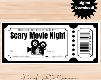 Pode incluir: Um cupão imprimível a preto e branco para uma noite de filmes de terror. O bilhete apresenta um ícone de câmara de cinema com uma silhueta de casa assombrada, um código de barras e o texto This coupon is redeemable for a Scary Movie Night, To, From, redeemable: anytime, expires: never.
