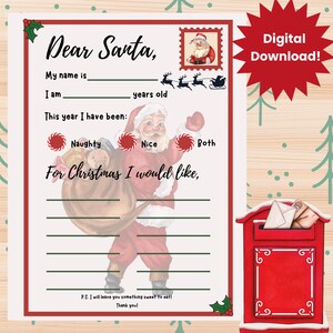 Lettre au père Noël à imprimer, liste de souhaits de Noël pour enfants, lettre au père Noël cher, liste de souhaits du père Noël, lettre au père Noël à télécharger facilement, courrier du père Noël