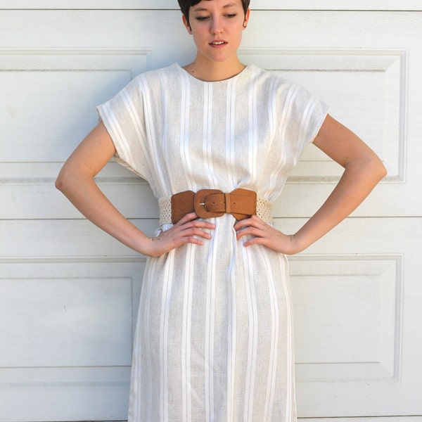 Vintage 80s LINEN STRIPE Day Dress S/M