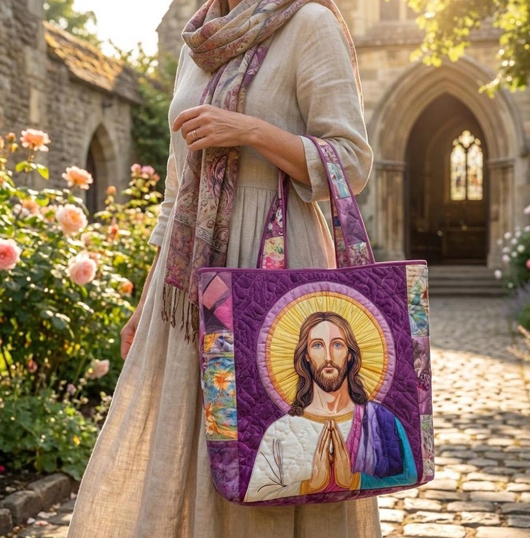 Jesus Quilted Tote Bag, Religious Christian Shoulder Bag, Sacred Heart ...