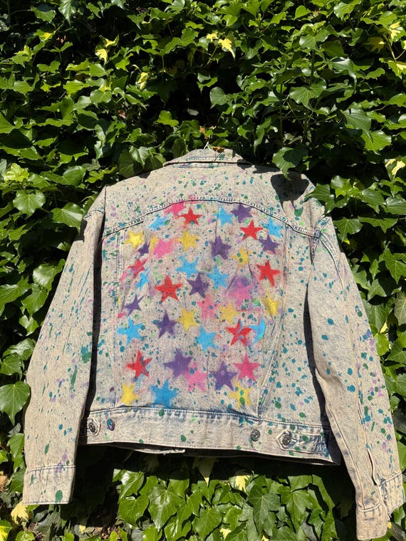 Custom Painted Denim Jacket: Colorful Star Design, Size M - Etsy