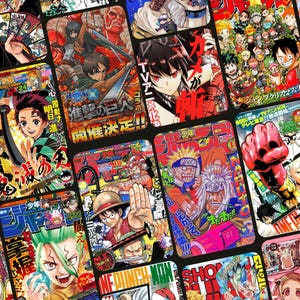 May include: A collage of colorful manga magazine covers featuring popular Japanese anime series such as "Attack on Titan", "One Punch Man", "Demon Slayer", "Jujutsu Kaisen", "My Hero Academia", "Dr. Stone", "Black Clover", "The Promised Neverland", "Naruto", "One Piece", "Chainsaw Man", and "Tokyo Revengers".