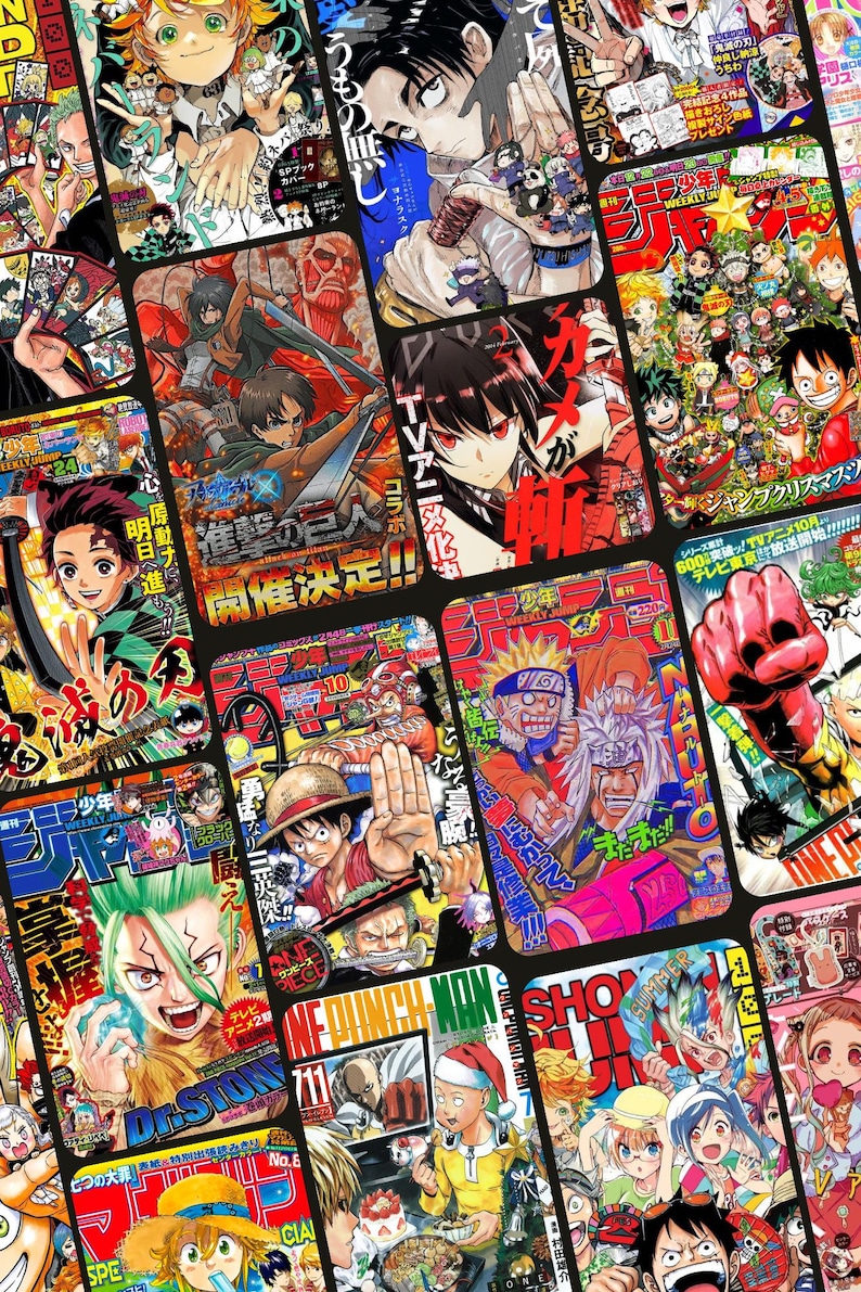 May include: A collage of colorful manga magazine covers featuring popular Japanese anime series such as "Attack on Titan", "One Punch Man", "Demon Slayer", "Jujutsu Kaisen", "My Hero Academia", "Dr. Stone", "Black Clover", "The Promised Neverland", "Naruto", "One Piece", "Chainsaw Man", and "Tokyo Revengers".