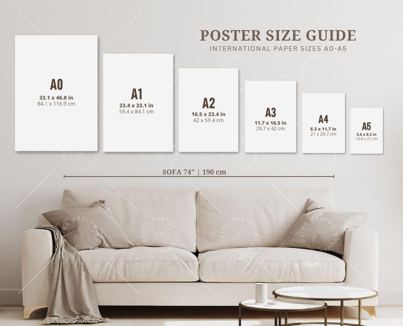 May include: A guide to international paper sizes, showing the dimensions of A0, A1, A2, A3, A4, and A5 paper in inches and centimeters. The guide is displayed on a white wall above a white sofa with a throw blanket and pillows.