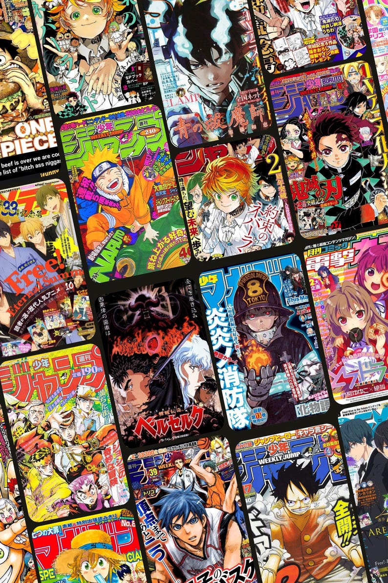 May include: A collage of colorful magazine covers featuring popular Japanese manga series, including One Piece, Naruto, Fire Force, and Demon Slayer. The covers feature vibrant illustrations of characters from each series, along with the titles and issue numbers.