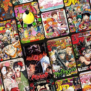 May include: A collage of colorful magazine covers featuring popular Japanese manga series, including "Black Clover", "My Hero Academia", "Jujutsu Kaisen", "Chainsaw Man", and "Demon Slayer".